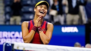 Emma Raducanu, of Great Britain, reacts after defeating Maria Sakkari, of Greece, during the semifinals of the US Open.