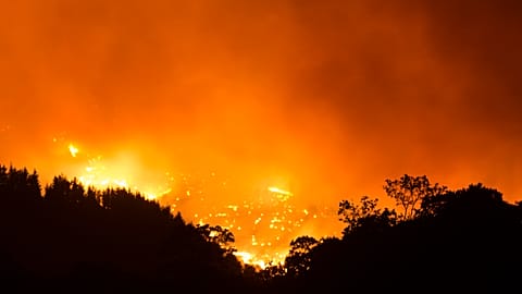 A picture taken from the village of Cartajima shows a wildfire, that broke out three days ago, burning in Sierra Bermeja mountain range on September 12, 2021. 