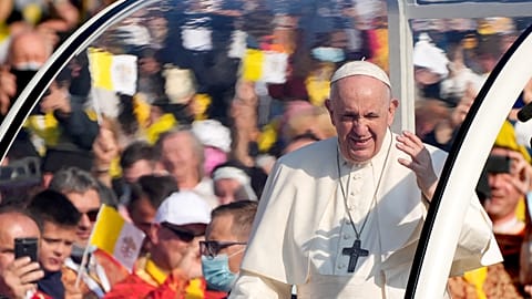 Pope Francis arrives on his pope-mobile to celebrate a Byzantine rite Mass in Presov, Slovakia