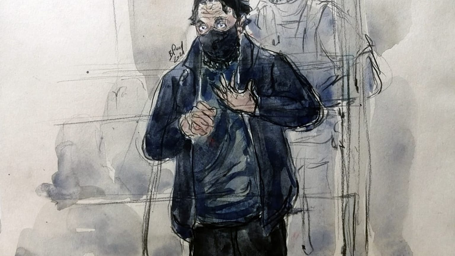 Dessin du principal accusé du procès des attentats du 13 novembre, Salah Abdeslam, 15 septembre 2021