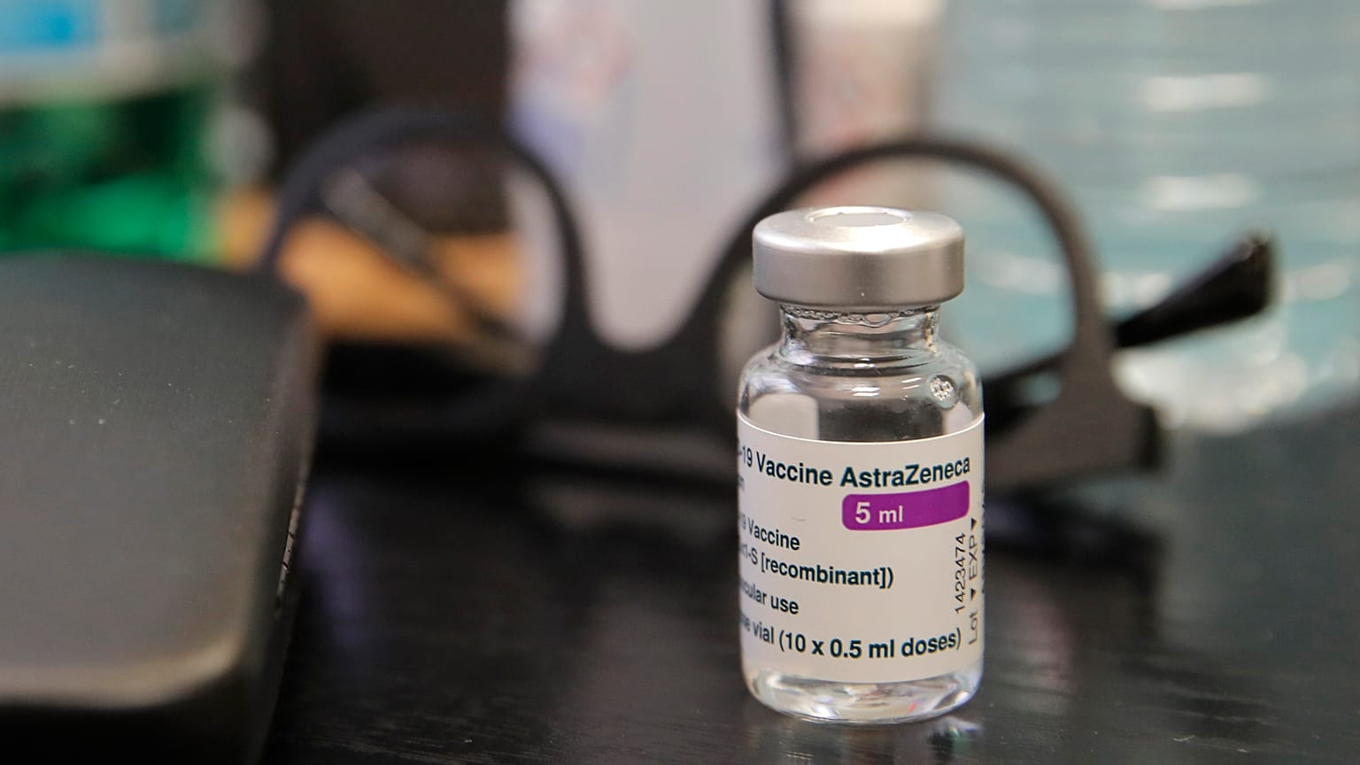 A vial of AstraZeneca COVID-19 vaccine is pictured at a family doctor office in France.