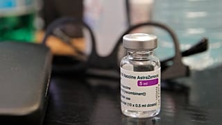 A vial of AstraZeneca COVID-19 vaccine is pictured at a family doctor office in France.