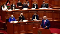 Albanian Prime Minister Edi Rama speaks during a debate at the parliament in Tirana, Albania, Thursday, Sept. 16, 2021. 