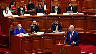 Albanian Prime Minister Edi Rama speaks during a debate at the parliament in Tirana, Albania, Thursday, Sept. 16, 2021. 