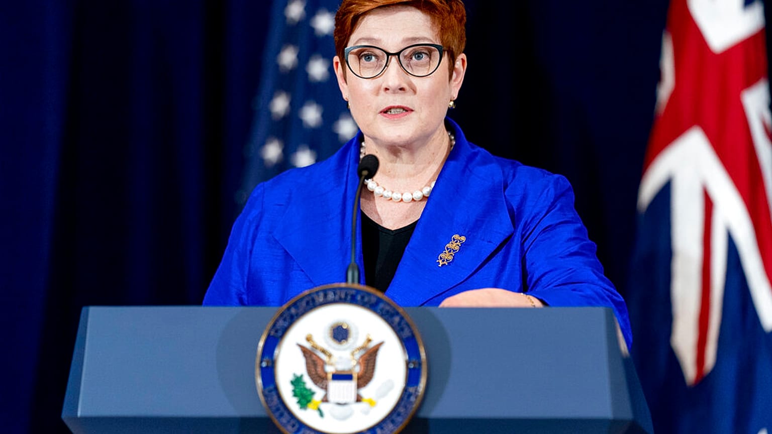Australian foreign minister Marise Payne speaks after the agreement was announced on September 16