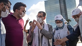 صورة للأمين العام لحزب العدالة والتنمية الإسلامي المغربي سعد الدين العثماني يوم الجمعة 3 أيلول/سبتمبر 2021 وهو يتحدث إلى أنصار حزبه قبل أيام من الانتخابات البرلمانية والمحلية 
