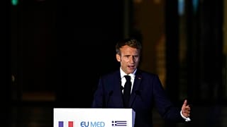 French President Emmanuel Macron speaks during the EUMED 9 summit in Athens on September 17. 