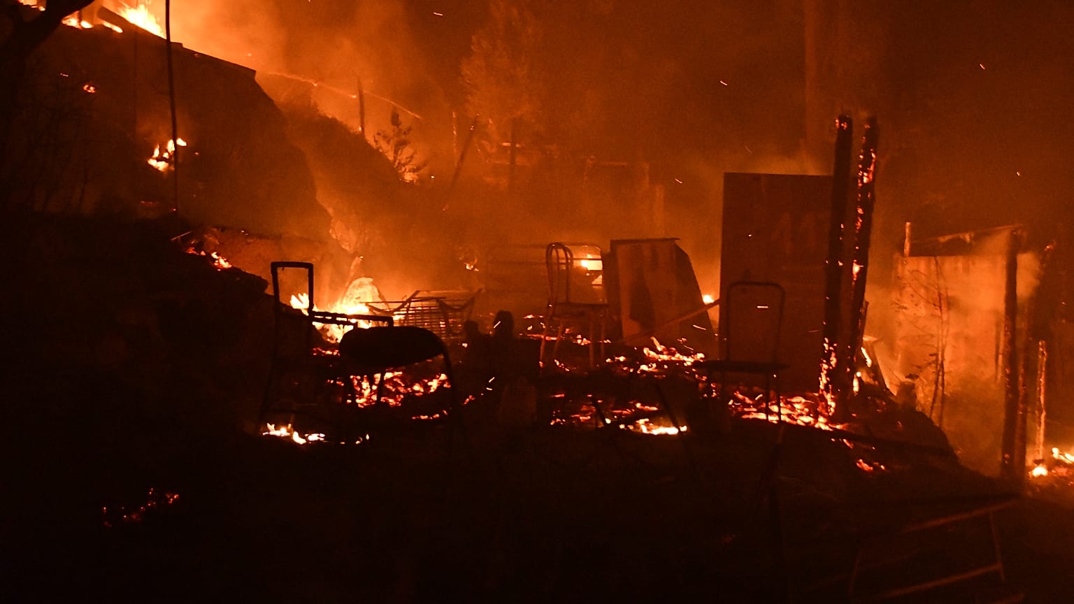 Fire burns makeshift tents outside the perimeter of the overcrowded refugee camp at the port of Vathy on the eastern Aegean island of Samos, Greece, late Sunday, 19 Sept. 2021