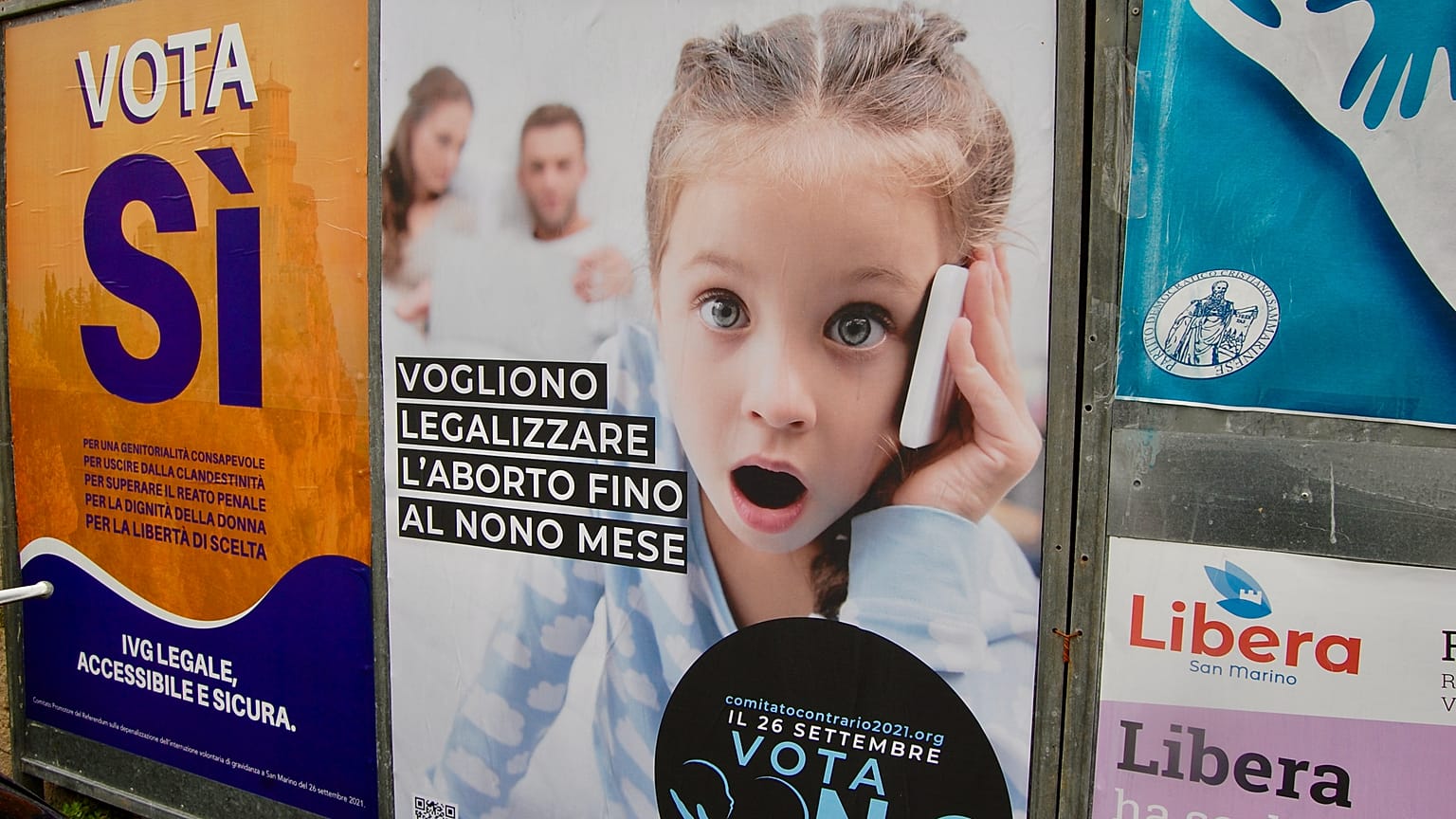 Posters for the yes and no campaigns in San Marino's abortion referendum