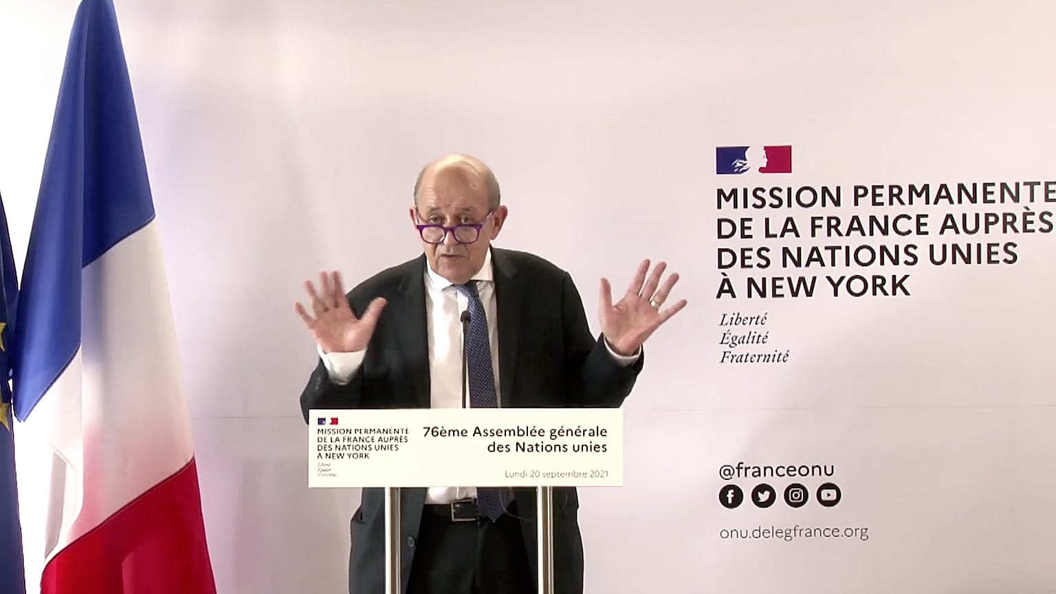 Jean-Yves Le Drian en una rueda de prensa en Nueva York, el 20 de septiembre de 2021