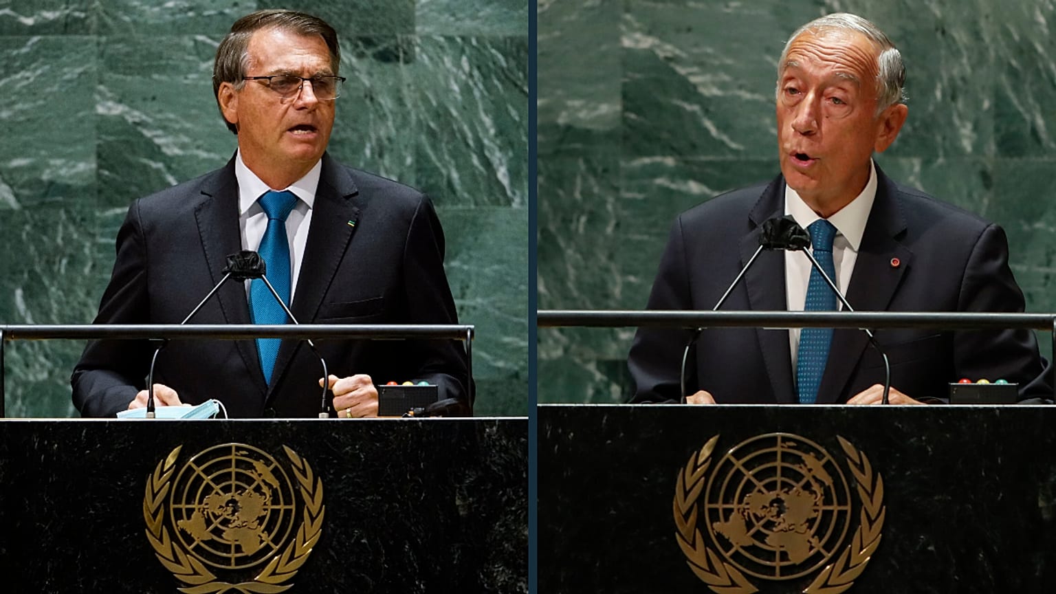 Jair Bolsonaro e Marcelo Rebelo de Sousa durante os discursos na ONU