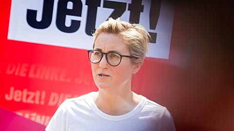 Co-leader of the Left Party Susanne Hennig-Wellsow speaks at a press conference during a convent of Germany's left party 'Die Linke' in Berlin, Germany, Saturday, June 19, 202
