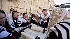 Ultraorthodoxe jüdische Männer beten während des jüdischen Feiertags Sukkot an der Klagemauer, dem heiligsten Ort, an dem Juden in der Altstadt von Jerusalem beten können.