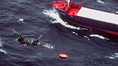 Swedish Marine rescue helicopter flies over the life rafts from MS Estonia in 1994.