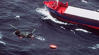 Swedish Marine rescue helicopter flies over the life rafts from MS Estonia in 1994.