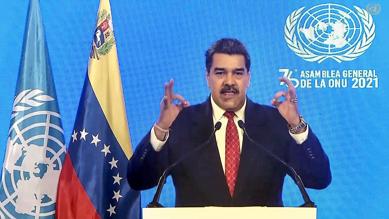 El presidente de Venezuela, Nicolás Maduro, se dirige a distancia a la 76ª sesión de la Asamblea General de las Naciones Unidas en un mensaje pregrabado, el 22 de septiembre. 