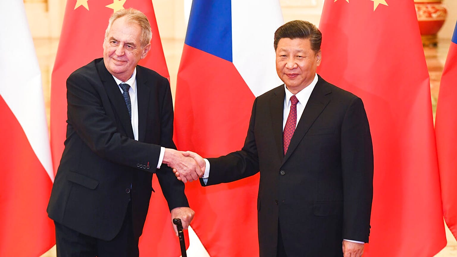 China's President Xi Jinping, right, shakes hands with Czech Republic's President Milos Zeman before their meeting in Beijing Sunday, April 28, 2019