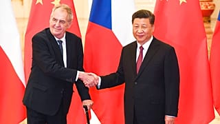 China's President Xi Jinping, right, shakes hands with Czech Republic's President Milos Zeman before their meeting in Beijing Sunday, April 28, 2019