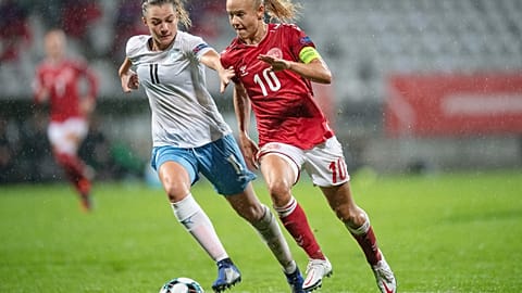 Denmark's Pernille Harder and Israel's Irena Kuznezov in the women's European Championship qualifier between Denmark and Israel, in Viborg, Denmark, Oct. 21, 2020.