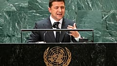 Le président ukrainien Volodymyr Zelensky, à la tribune de l'ONU à New York, le 22/09/2021