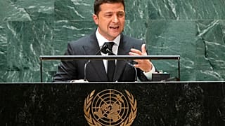 Le président ukrainien Volodymyr Zelensky, à la tribune de l'ONU à New York, le 22/09/2021