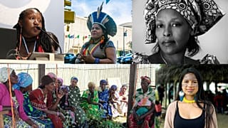 Leaders from the Global Women's Assembly for Climate (from L-R) Ruth Nyambura, Sônia Guajajara, Neema Namadamu, Helena Gualinga, and WECAN training in the DRC.
