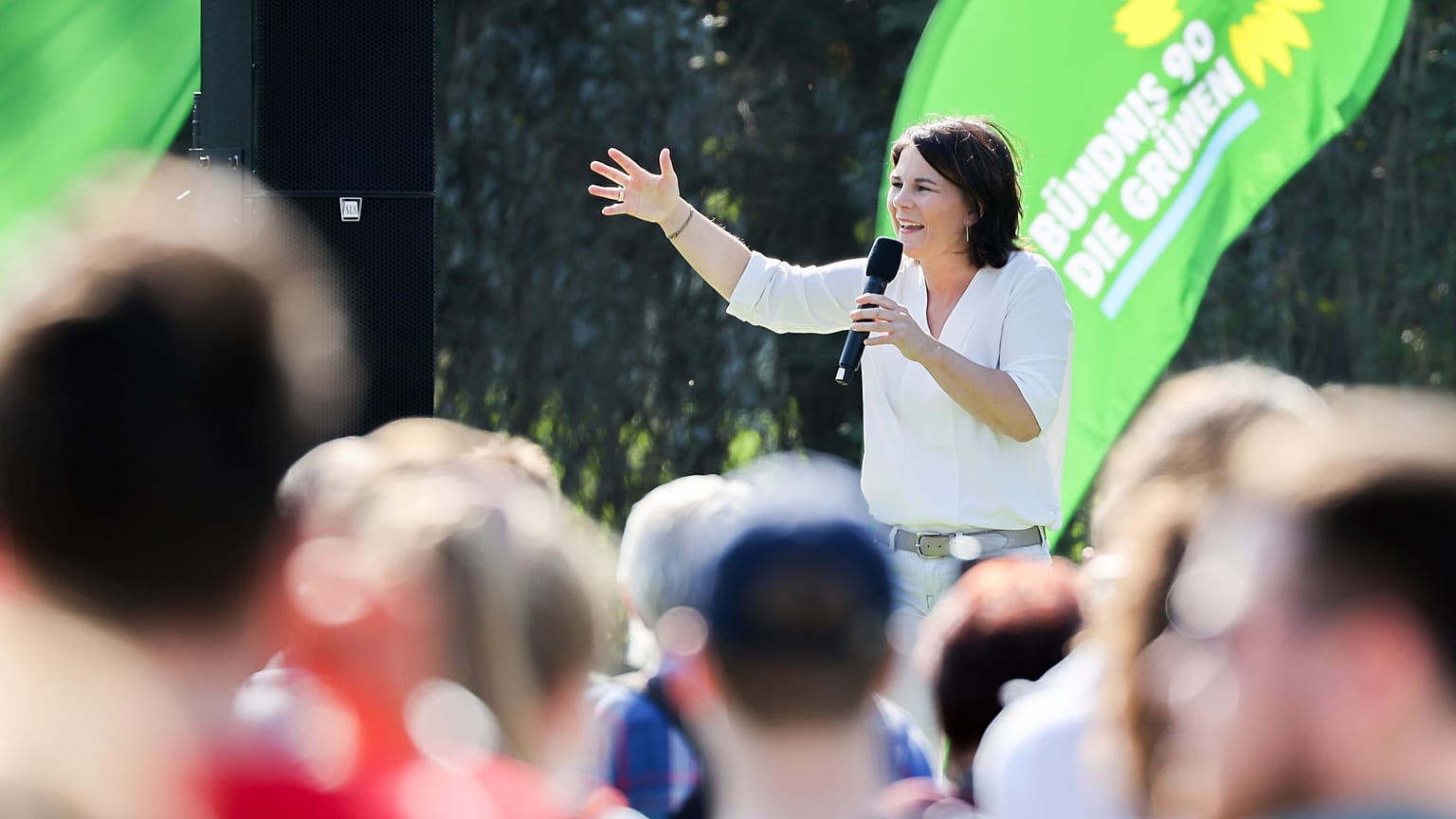 The candidate for chancellor of the German Green party, Annalena Baerbock, speaks during an election campaign event in Halle near Leipzig, Germany, Wednesday, Sept. 8, 2021.