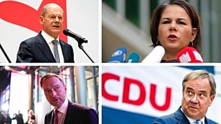 De haut en bas, de gauche à droite : Olaf Scholz (SPD), Annalena Baerbock (les Verts), Christian Lindner (libéraux), Armin Laschet (CDU)