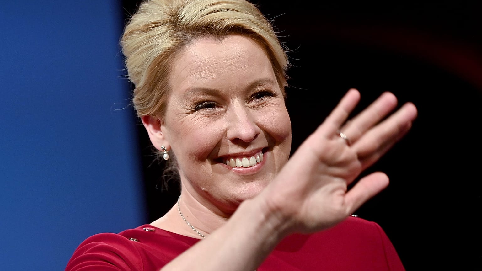 Franziska Giffey, waves to supporters at the election party of the Berlin SPD in Berlin, Sept. 26, 2021.
