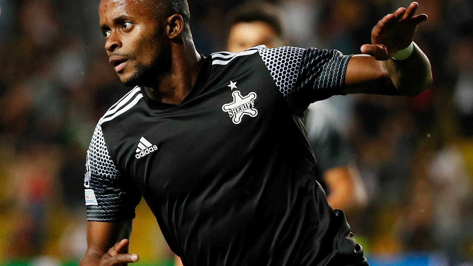 Sheriff Tiraspol's Momo Yansane celebrates scoring their second goal in a Champions League game versus Shakhtar Donetsk