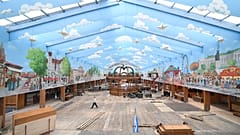 Installation of Schottenhamel tent ahead of the Oktoberfest in Munich, Germany, August 29, 2019.