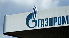 The logo of Russia's energy giant Gazprom is pictured at one of its petrol stations in Moscow on April 16, 2021.