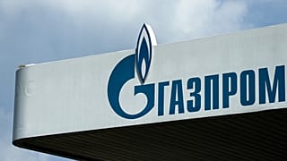 The logo of Russia's energy giant Gazprom is pictured at one of its petrol stations in Moscow on April 16, 2021.