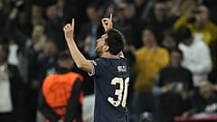 Lionel Messi après avoir marqué le but du 2 à 0 pour le PSG contre Manchester City en Ligue des champions, le 28 septembre 2021 au Parc des Princes
