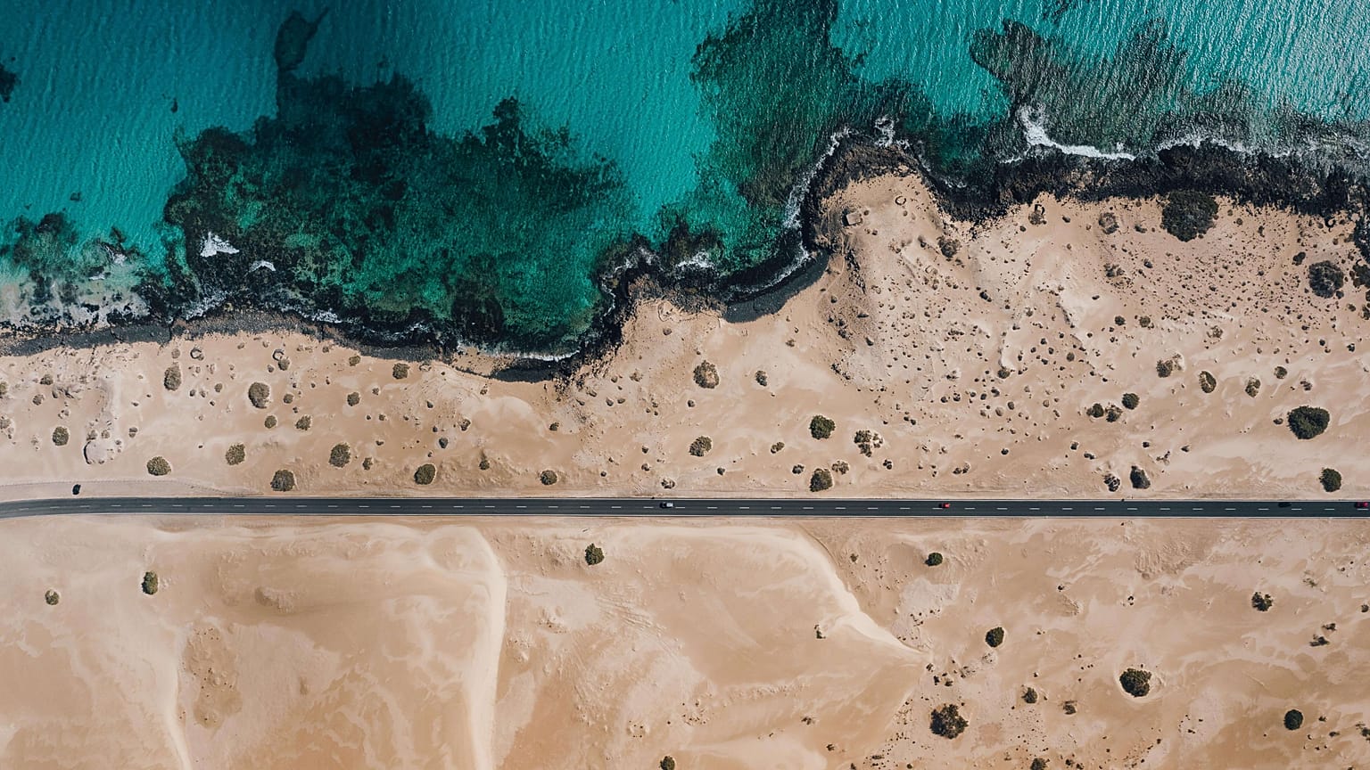 Ocean road from above. Fuerteventura, Canary Islands, Spain.
