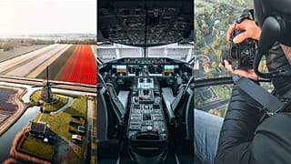 (L) Drone shot of dutch countryside / (C) B787 flight deck / (R) Joris Kuijper taking photos from a helicopter.