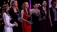 U.S. actress Jessica Chastain, center dressing red, poses with other winners after receiving an ex-aequo Donostia Shell award at the San Sebastian Film Festival.