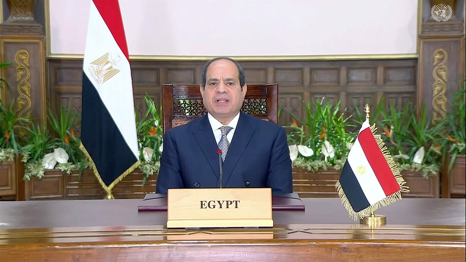 الرئيس المصري عبد الفتاح السيسي في رسالة مسجلة تم بثها خلال الجمعية العامة للأمم المتحدة، في مقر الأمم المتحدة في نيويورك، الاثنين 20 سبتمبر 2021