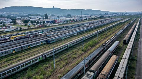 This aerial view shows the SNCF Rouen Quatre-Mares Industrial Technicenter, also known as "locomotives cemetery", in Sotteville-les-Rouen, France.