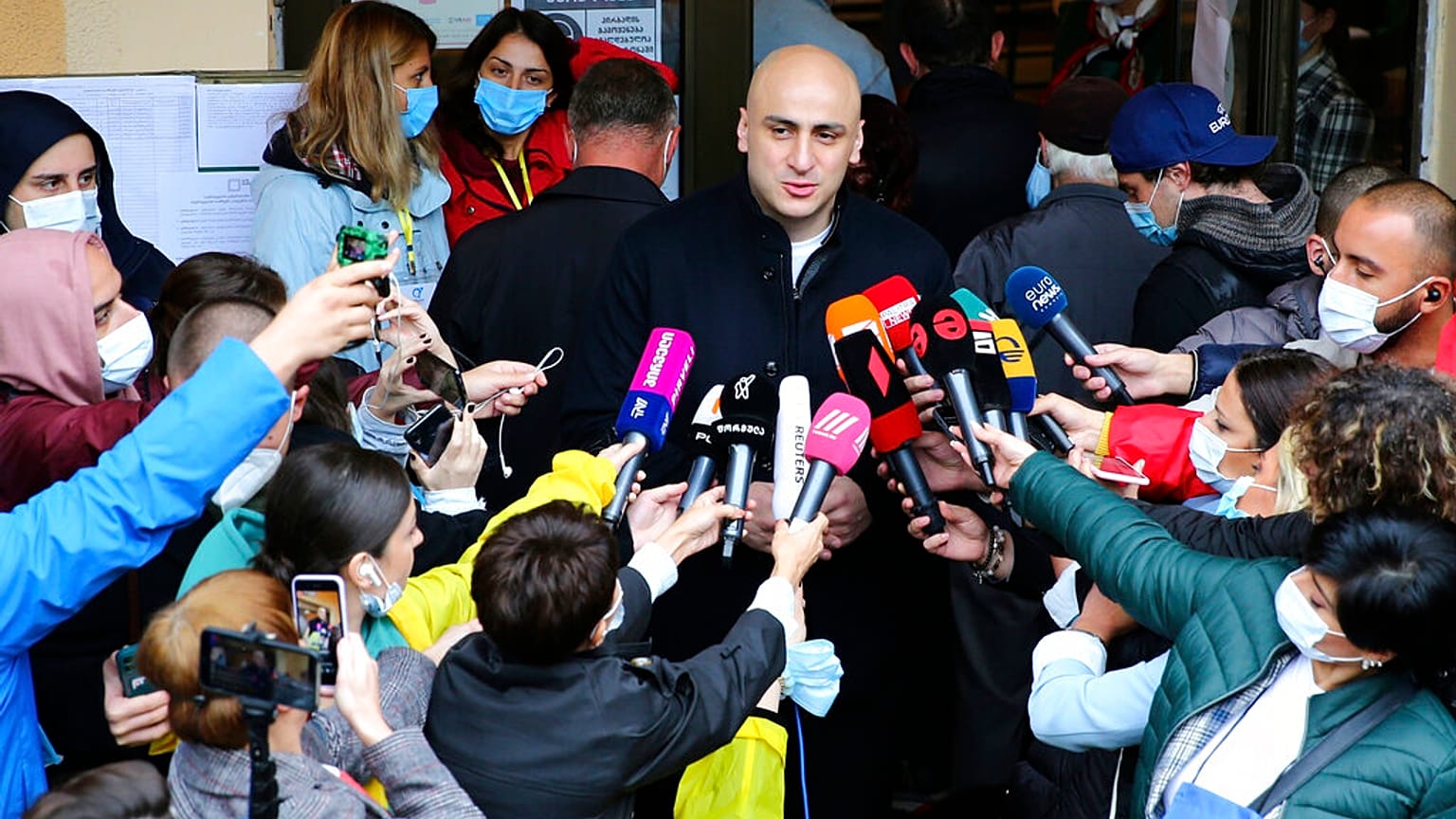 Nika Melia, head of the United National Movement, speaks to the media after voting at a polling station during national municipal elections in Tbilisi, October 2, 2021.