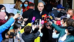 Nika Melia, head of the United National Movement, speaks to the media after voting at a polling station during national municipal elections in Tbilisi, October 2, 2021.