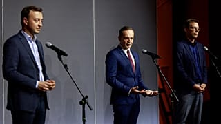 CDU's Paul Ziemiak, FDP's Volker Wissing & CSU's Markus Blume speak to the media following coalition talks, in Berlin on October 3, 2021.