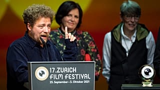 Renato Borrayo Serrano receives the Golden Eye Award for 'Life of Ivanna' during award night at the 17th Zurich Film Festival in Switzerland, October 2, 2021.