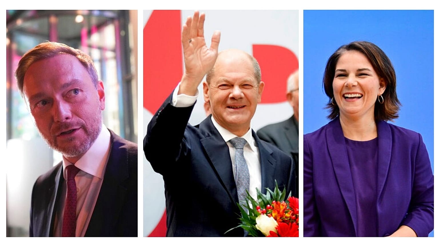 De gauche à droite : Christian Lindner (chef du FDP, libéral), Olaf Scholz (chef du SPD, sociaux-démocrates) et Annalena Baerbock (cheffe des Verts)