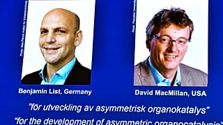Photo des deux lauréats du prix Nobel de chimie, lors de l'annonce du prix à Stockholm (Suède) le 06/10/2021