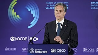 Secretary of State Antony Blinken speaks during a Blue Dot Network Discussion at the OECD Ministerial Council Meeting on October 5, 2021, in Paris.