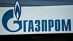 The logo of Russia's energy giant Gazprom is pictured at one of its petrol stations in Moscow on April 16, 2021.