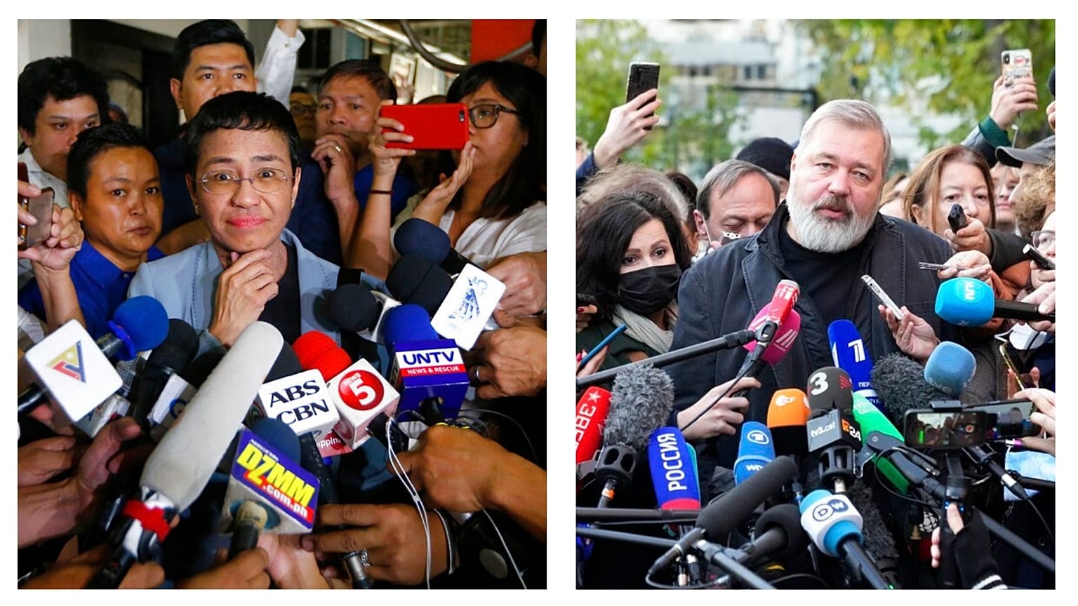 Maria Ressa (Manille, Philippines, le 14/02/2019) et Dmitri Muratov (Moscou, Russie, le 08/10/2021)