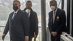 Czech Prime Minister Andrej Babis (R) and his Hungarian counterpart Viktor Orban (L) leave a cabin lift as they arrive for lunch at the Vetruse restaurant in Usti nad Labem.