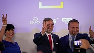Leader of Spolu (Together) Petr Fiala, centre, at the party's headquarters after the country's parliamentary election, Prague, Czech Republic, Oct. 9, 2021. 